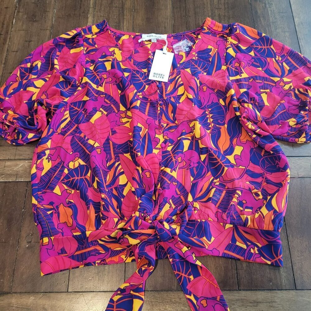 Rose+Olive Womens Vibrant Tropical Print Tie-Front Blouse size S